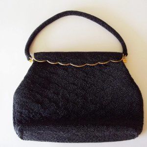 Vintage Black Glass Beaded Handbag, Top Handle Purse Evening Bag, Hong Kong